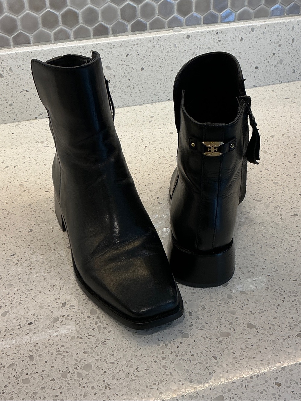 Sam Edelman Black Leather Square-Toe Ankle Boots with Gold Trim